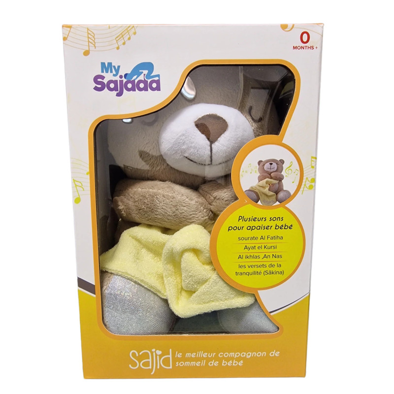 peluche-marron-ourson-sajid-boite-jaune-veilleuse-coranique-et-détecteur-de-pleurs-pour-bébé